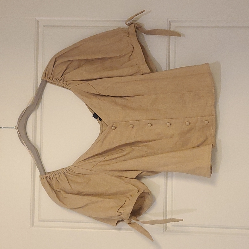 Express Linen Blend Sweetheart Puff Sleeve Blouse Tan